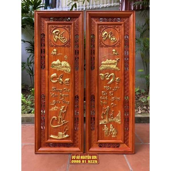 Tranh câu đối cha mẹ gỗ hương treo tường bền đẹp
