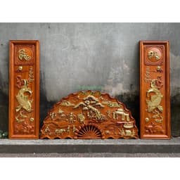 Combo tranh quạt đồng quê+đôi cá lý ngư vọng nguyệt Dát Vàng Đài Loan 24k 1
