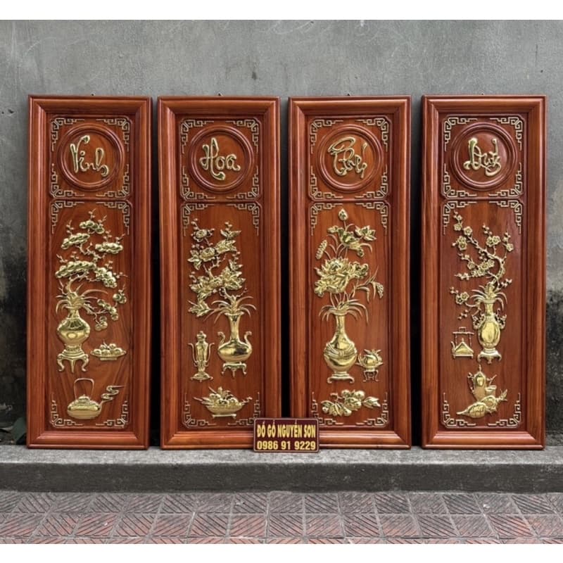Bộ tranh tứ bình hoàn thiện dát vàng//tranh gỗ treo tường