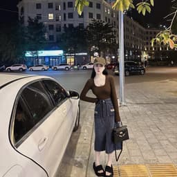 Chân váy jeans dáng dài 2 túi dây nâu, chân váy bò rách 2 bên túi kèm dây có bigsize 2