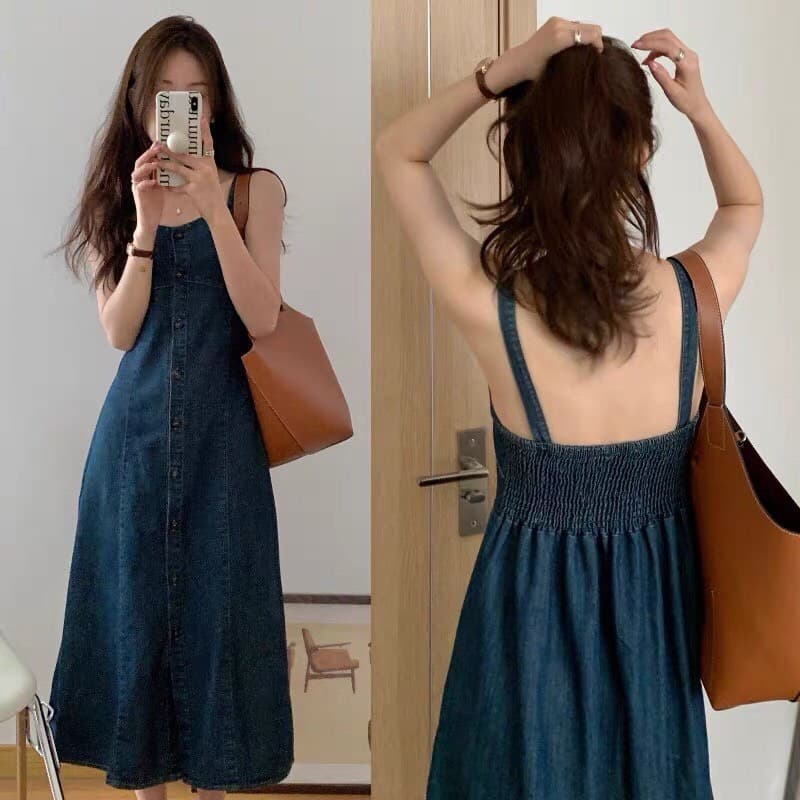 Váy yếm jean dáng dài chữ A phong cách Ulzzang, váy yếm jean 2 dây có bigsize