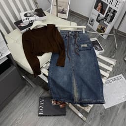 Chân váy jeans dáng dài 2 túi dây nâu, chân váy bò rách 2 bên túi kèm dây có bigsize 1