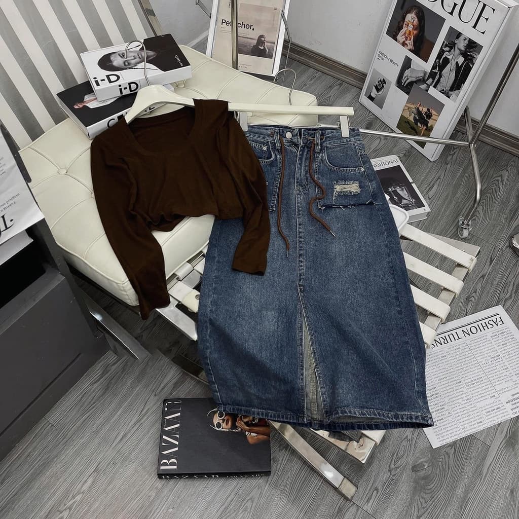 Chân váy jeans dáng dài 2 túi dây nâu, chân váy bò rách 2 bên túi kèm dây có bigsize