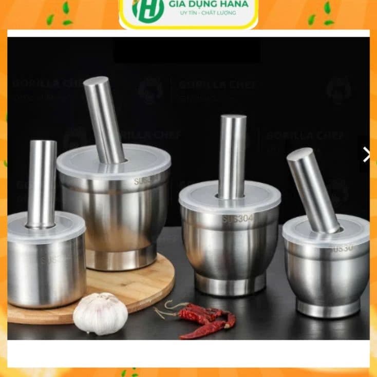 Bộ Chày Cối Inox 304 Có Nắp Đậy, Chày Cối Nguyên Khối Dã Đồ Cực Nhuyễn Mịn Tiện Lợi Cho Gia Đình