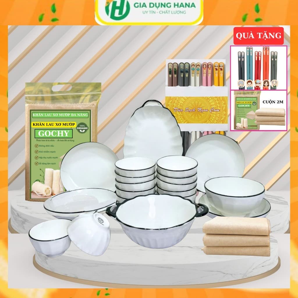Bộ bát đĩa chén đĩa đẹp sét 21 chi tiết hoa văn hoạ tiết trắng viền đen cao cấp tặng 2M khăn lau xơ mướp và 5 đôi đũa