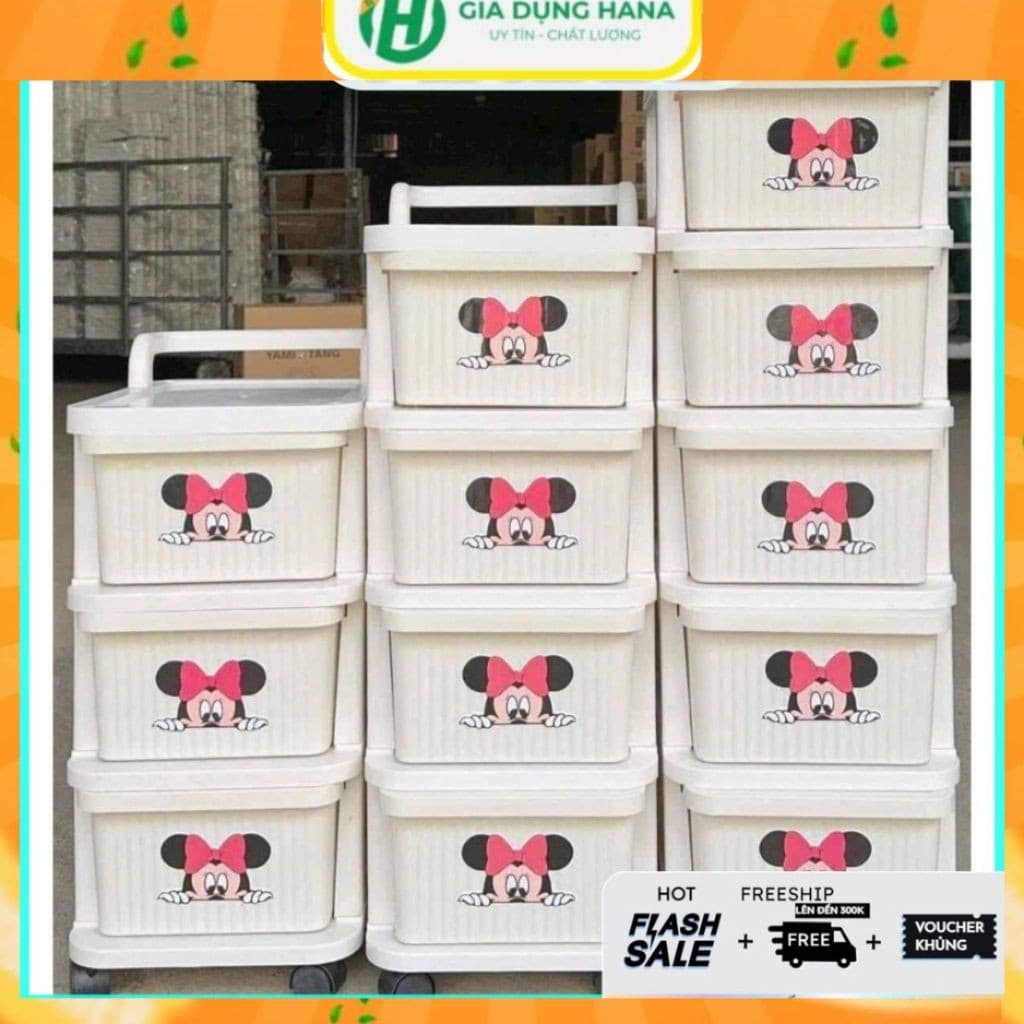 Tủ kệ kéo đựng đồ mickey đa chức năng 3,4,5 tầng , có ngăn kéo, tủ đựng bỉm sửa có bánh xe chuyển hướng tiện nghi