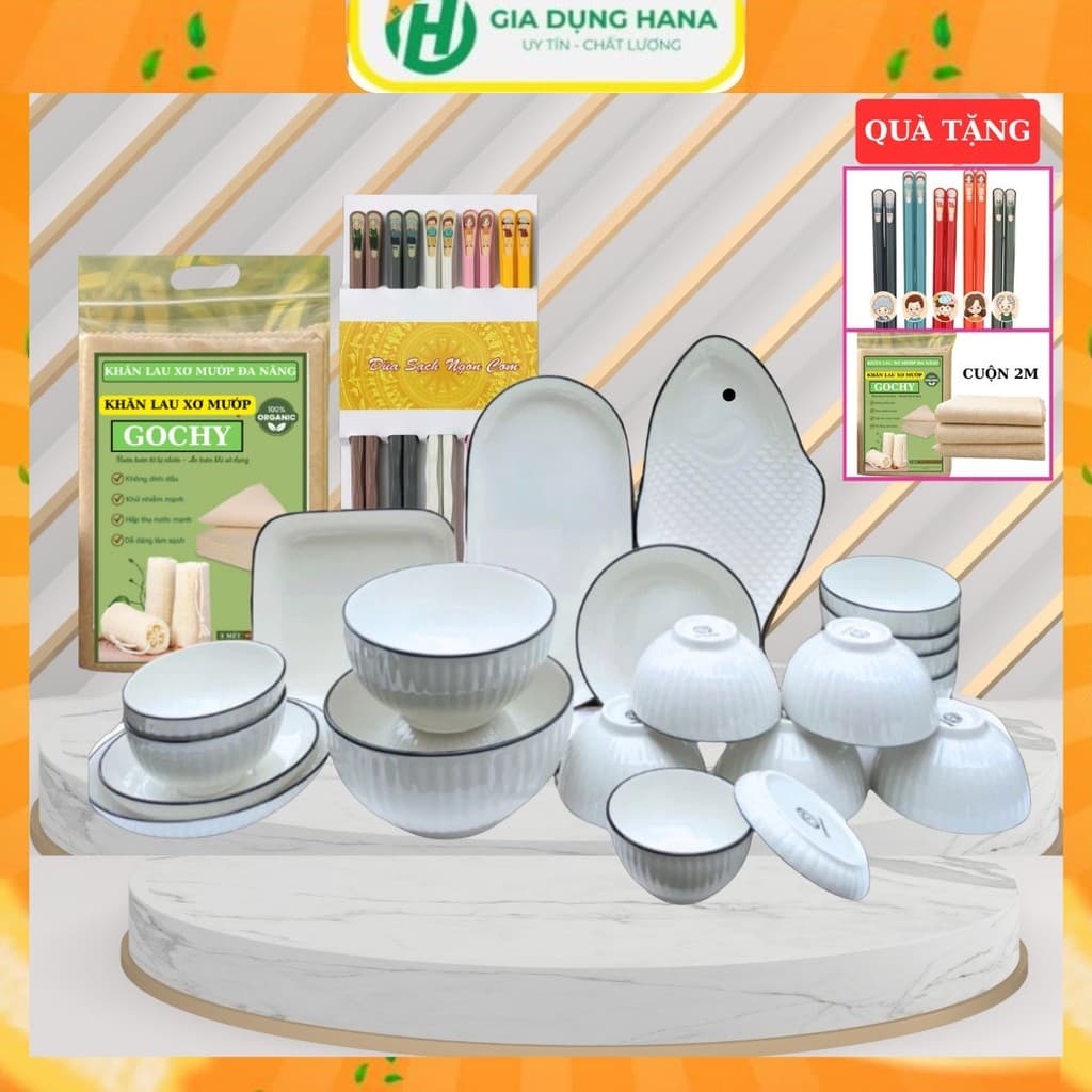 Bộ bát đĩa Xoăn Trắng Kèm Đĩa Bầu Dục Hình Cá Gốm Sứ Bát Tràng Cao Cấp Qùa Tặng 2M Khăn Lau Xơ Mướp + Bộ Đũa Ăn Gia Đình