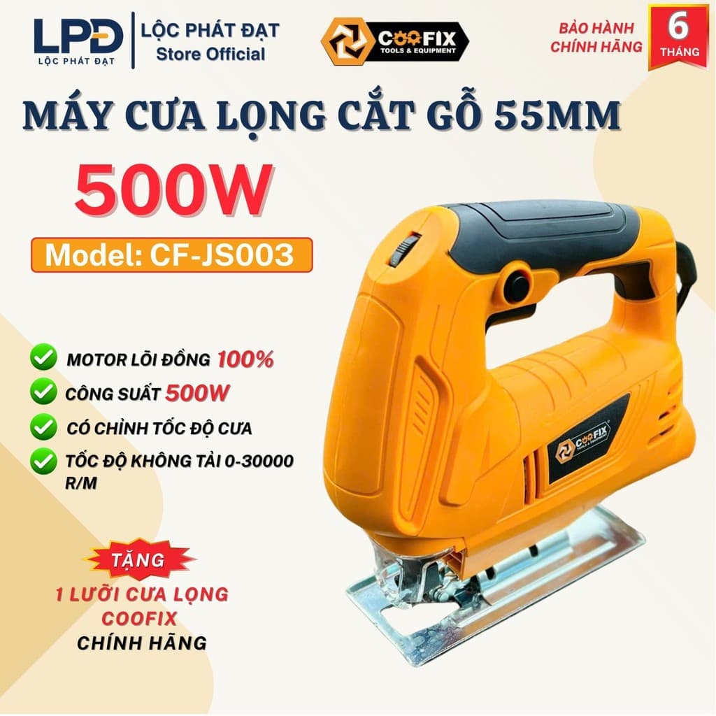 Máy cưa lọng COOFIX CF-JS003 công suất 500W, có chế độ chỉnh tốc độ cưa, tặng kèm 1 lưỡi cưa lọng, 1 bộ than chính hãng
