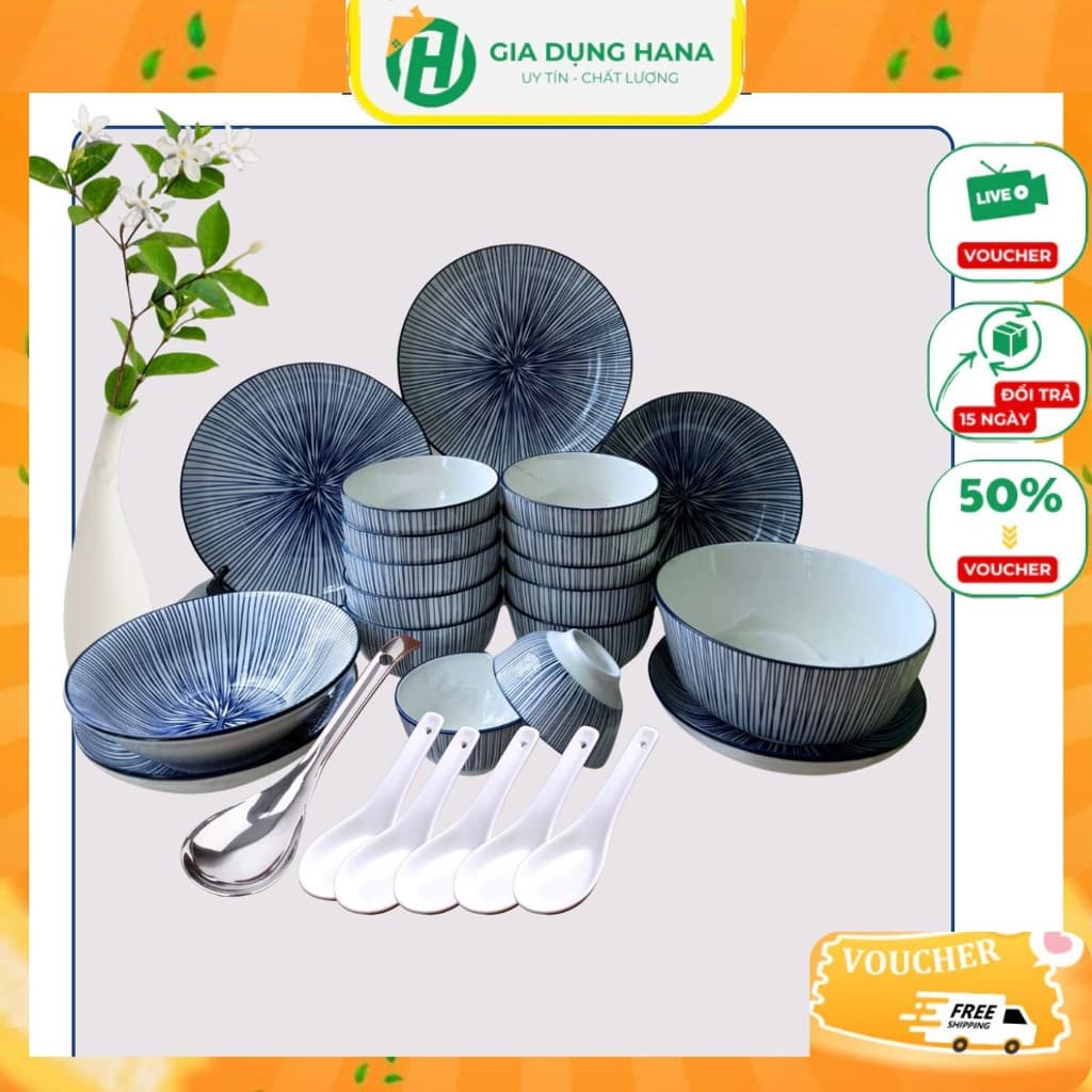 Bộ Bát Đĩa Gốm Sứ Sọc Xanh ManDaLa - Phong Cách Nhật Cổ sang trọng