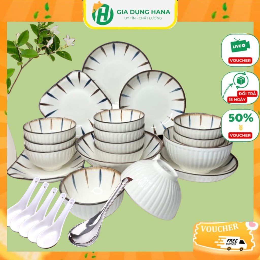 Bộ Bát Đĩa Họa Tiết Phẩy Trúc Gốm Sứ Ceramic Cao Cấp Sang Trọng, Dày Dặn Chịu Nhiệt Tốt Trang Trí bàn ăn hiện đại