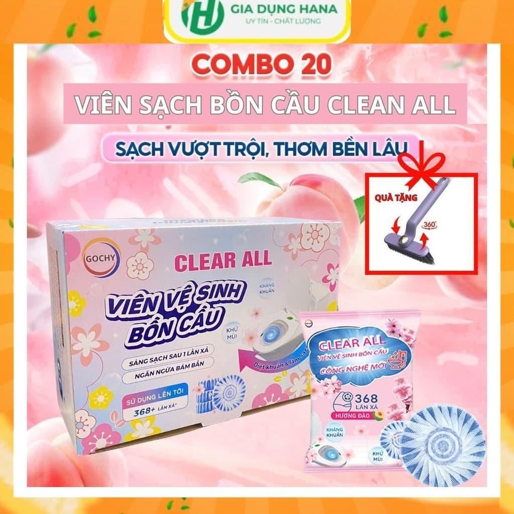 Combo 20 Viên sạch bồn cầu Clean All chai thả bồn cầu sạch khuẩn tẩy sạch mảng bám khử mùi toilet tặng kèm chổi đa năng