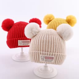HOBBYIN Mũ Dệt Kim Màu Trơn Đính Quả Bông Mềm Chất Lượng Cao Thời Trang Mùa Đông Cho Bé 0-3 Tuổi 8