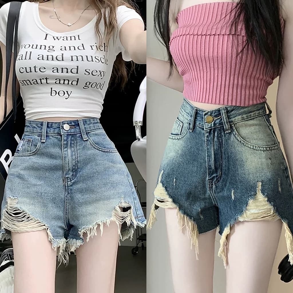 Quần Short Jeans Nữ Rách Lai Tua Phom A Rộng Chất Jean Cotton Mềm Mịn Dễ Mix Đồ