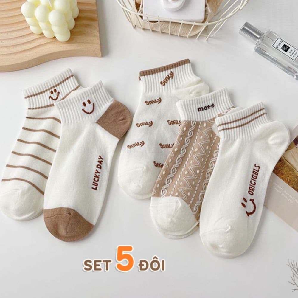SET 5 Tất cổ ngắn nữ Hình Mặt cười chất liệu cotton thoáng khí
