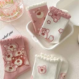 Set 10 Vớ Cổ Cao Vừa In Họa Tiết Gấu Hồng Hoạt Hình Phong Cách Hàn Quốc Dễ Thương Thời Trang Thu Đông MM-STORE 2