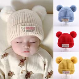 HOBBYIN Mũ Dệt Kim Màu Trơn Đính Quả Bông Mềm Chất Lượng Cao Thời Trang Mùa Đông Cho Bé 0-3 Tuổi 9