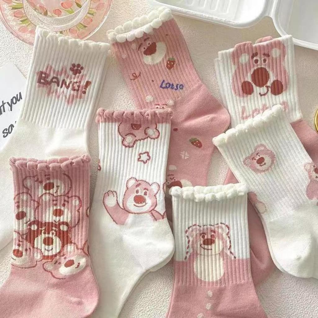 Set 10 Vớ Cổ Cao Vừa In Họa Tiết Gấu Hồng Hoạt Hình Phong Cách Hàn Quốc Dễ Thương Thời Trang Thu Đông MM-STORE