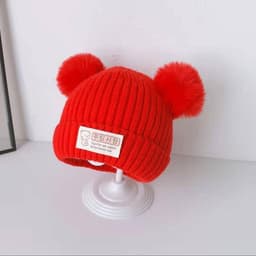 HOBBYIN Mũ Dệt Kim Màu Trơn Đính Quả Bông Mềm Chất Lượng Cao Thời Trang Mùa Đông Cho Bé 0-3 Tuổi 2
