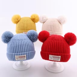 HOBBYIN Mũ Dệt Kim Màu Trơn Đính Quả Bông Mềm Chất Lượng Cao Thời Trang Mùa Đông Cho Bé 0-3 Tuổi 5
