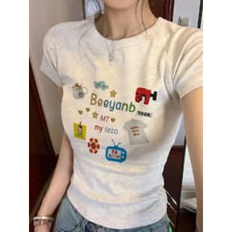 【100% cotton 】Áo baby tee nữ thun ôm body y2k ngắn tay in hình hoạt 6