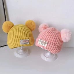 HOBBYIN Mũ Dệt Kim Màu Trơn Đính Quả Bông Mềm Chất Lượng Cao Thời Trang Mùa Đông Cho Bé 0-3 Tuổi 3