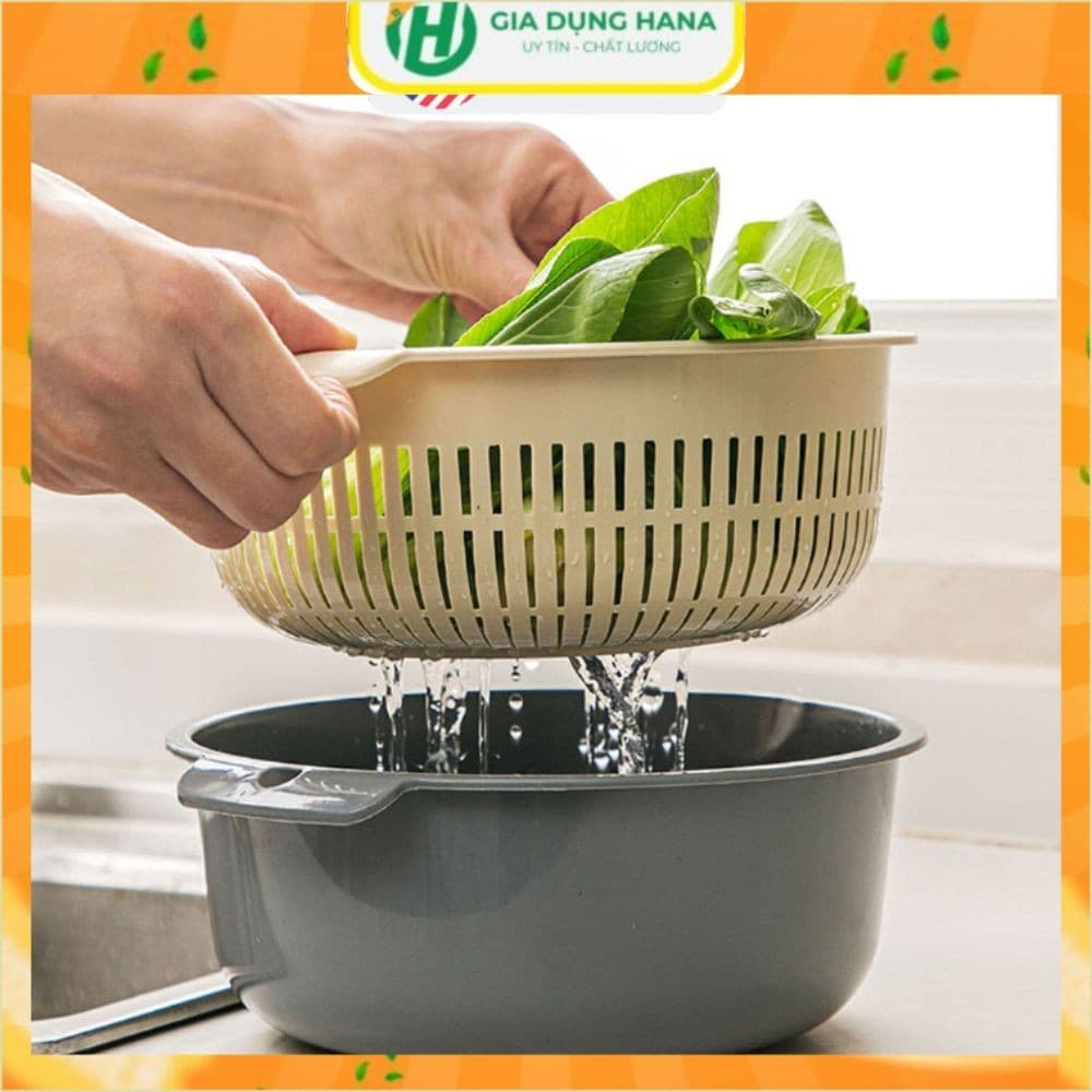 Set Rổ Và Chậu Rửa Rau Củ, Trái Cây S6 Hai Lớp - Rổ Để Thực Phẩm Ăn Lẩu Khô Ráo Có Lỗ Treo - Nhiều Size
