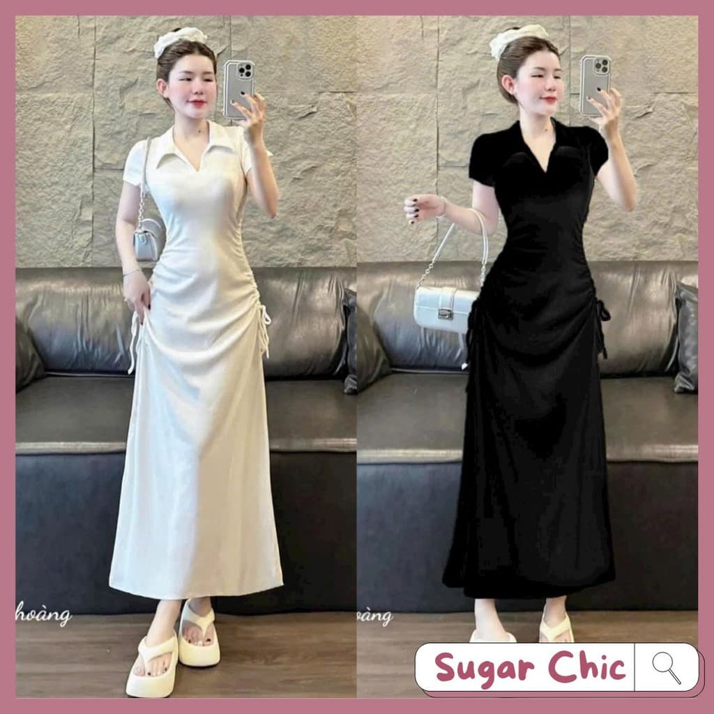 Đầm maxi thời trang nữ chất thun gân tay ngắn cổ sơ mi 2 bên dây rút eo váy đuôi cá dài thiết kế sang trọng M104