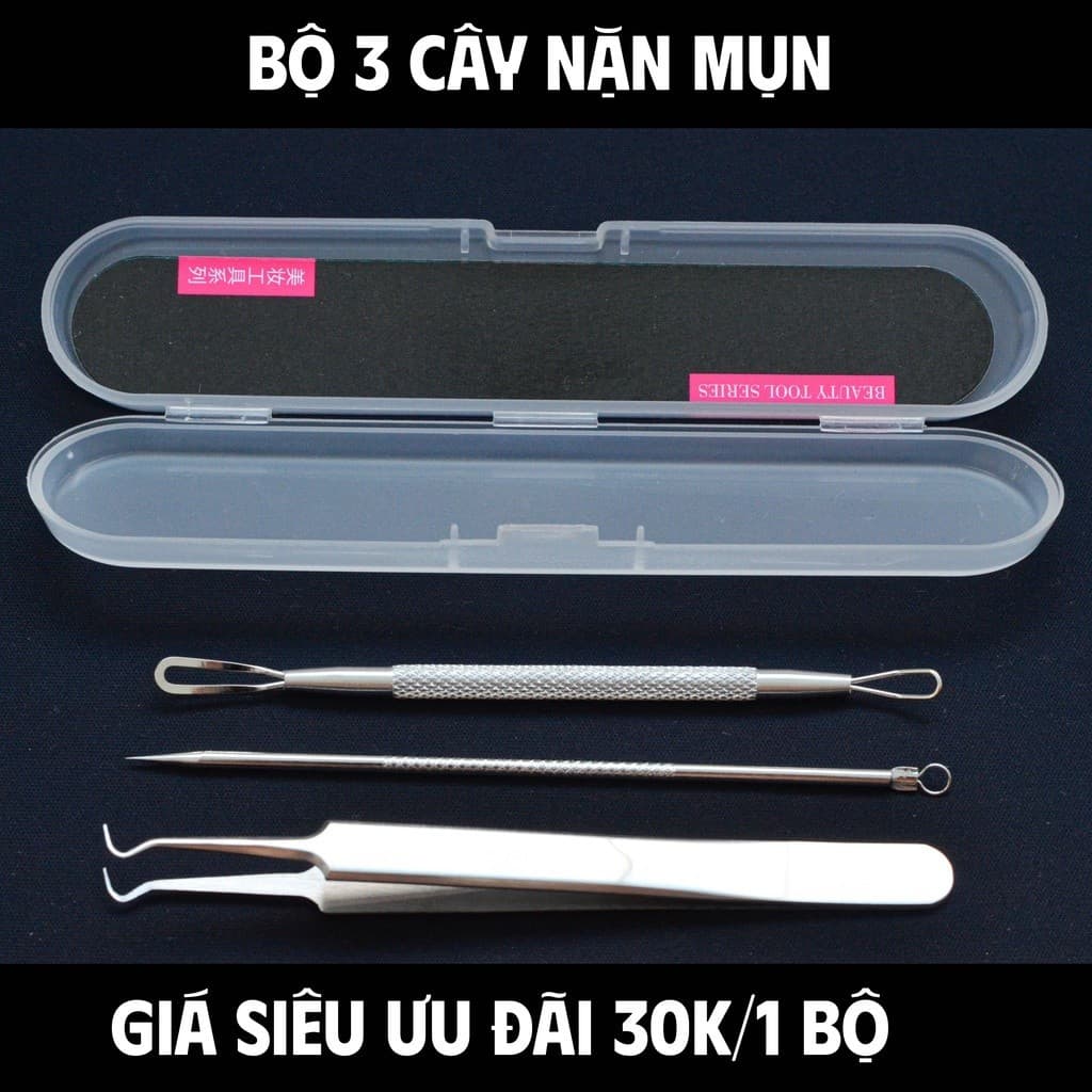 Bộ 3 cây nặn mụn đầu đen bằng thép không rỉ,có nhíp gắp mụn tiện lợi, mụn đầu đen-trứng cá(Full Box)