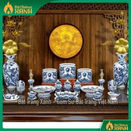 BỘ ĐỒ THỜ BÁT TRÀNG MEN LAM - MEN TRẮNG VẼ KĨ - ĐỒ THỜ BAN THỜ GIA TIÊN 1M97 - 2M17 1