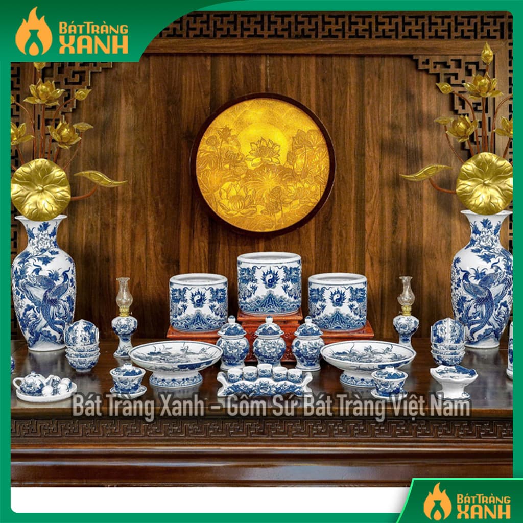 BỘ ĐỒ THỜ BÁT TRÀNG MEN LAM - MEN TRẮNG VẼ KĨ - ĐỒ THỜ BAN THỜ GIA TIÊN 1M97 - 2M17