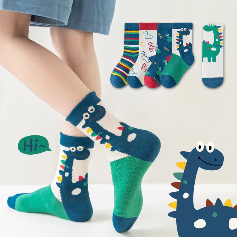 T24 Set 10 Đôi Tất Vớ Cotton Cho Bé Trai Và Bé Gái Họa Tiết Hoạt Hình Khủng Long Kute