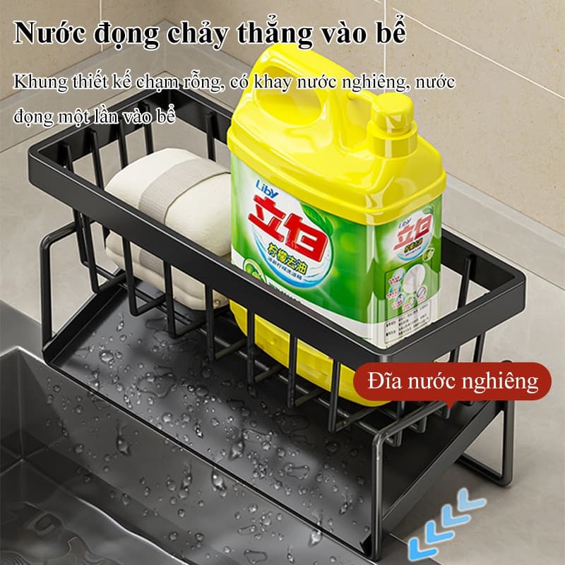 Kệ đựng đồ rửa chén bát, giá để giẻ rửa chén trên bồn có khay hứng nước nghiêng Tiện dụng