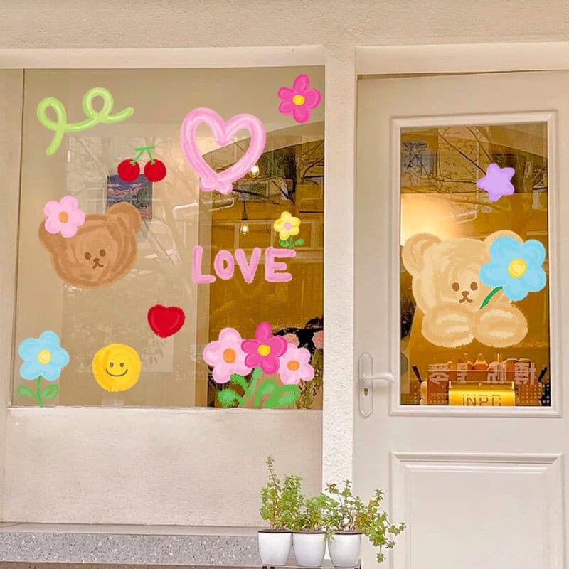 Miếng Dán Cửa Kính Hoạt Hình Dễ Thương Họa Tiết Gấu Dán Tường Nhãn Dán Cửa Hàng Trang Trí Tĩnh Cửa Trang Trí Sổ