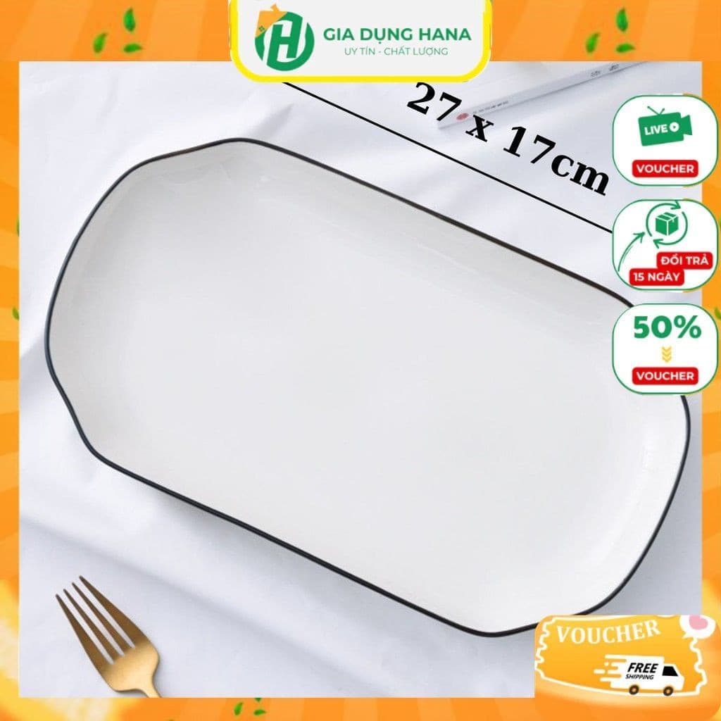Đĩa Xoài, Đĩa bầu dục, đĩa dài trắng viền đen gốm sứ cao cấp decor trang trí bữa ăn đẹp sang trọng