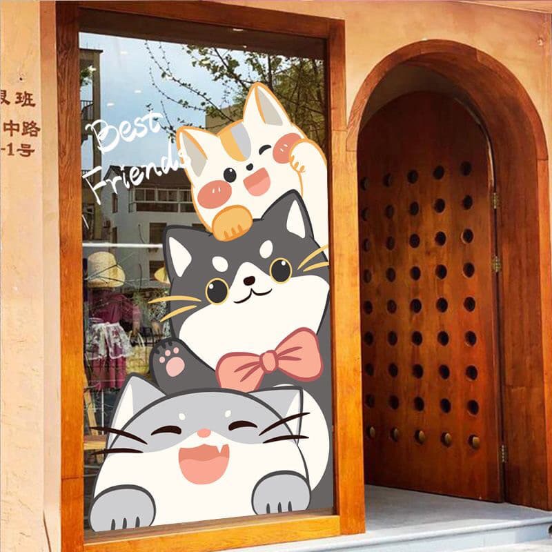 Dễ Thương Họa Tiết Mèo Dán Thú Cưng Cửa Hàng Trà Sữa Cửa Hàng Tiệm Bánh Cửa Sổ Kính Dán Tường Dán