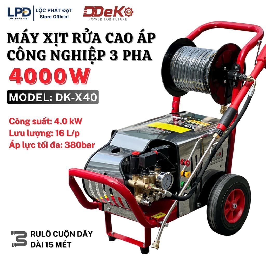 Máy Xịt Rửa Cao Áp Công Nghiệp 3 Pha DEKO DK-X40 Công suất 4000W (5.0Hp) Piston sứ Ti 20mm Lưu lượng 16 L/p BH 12 tháng