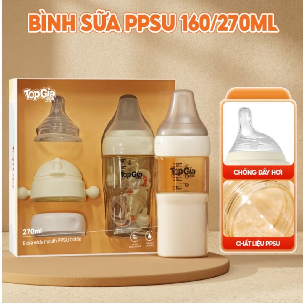Bình Sữa PPSU Đa Năng TOPGIAKIDS Cho Bé Từ 0 Tháng – Dung Tích 160ml/180ml/270ml Kèm Ống Hút Silicon
