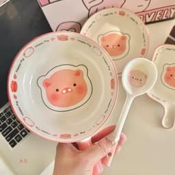 Set Bát Sứ 3 Món Hoạ Tiết Lợn Hồng Cute Chảo Béo Bát Ăn Cơm Và Thìa Happy Pig Dễ Thương 9
