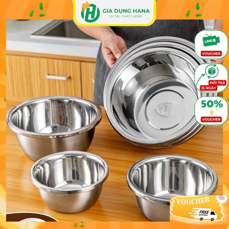 Thau inox đa năng inox 304 - Chậu inox cao cấp dày dặn có viền cầm tay đường kính 18-32cm rửa trái cây làm nồi nấu