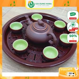 Bộ ấm chén Bát Tràng tử sa, Bộ ấm chén uống trà Bát Tràng Tặng kèm khay trà giả gỗ cực đẹp_M48 1