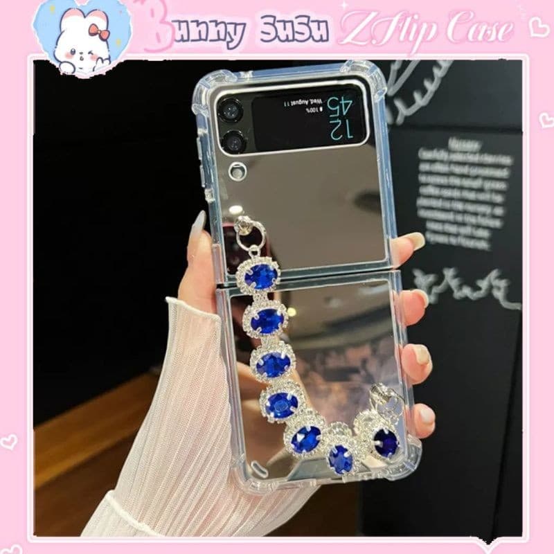 [CÓ SẴN] Ốp Z Flip 8 - ZFlip 7 - Flip6 - Flip5 5G tráng gương kèm dây đeo đính đá lấp lánh xanh coban siêu sang trọng