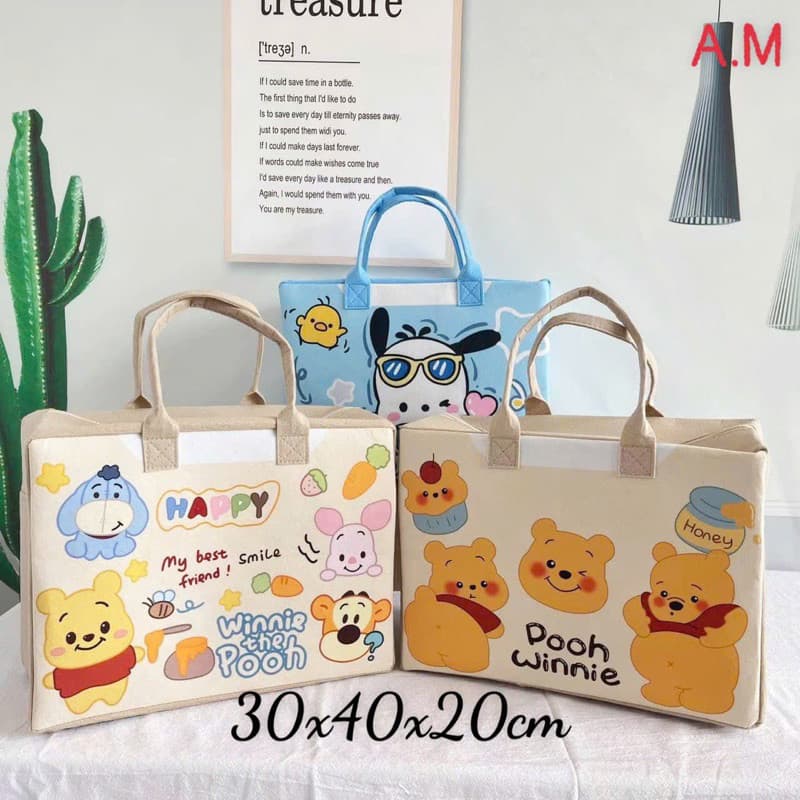 Túi du lịch hoạt hình nỉ Hoạ Tiết Hoạt Hình Gấu Poohh Túi đựng hành lý đi chơi dung  tích lớn mẫu mới free ship