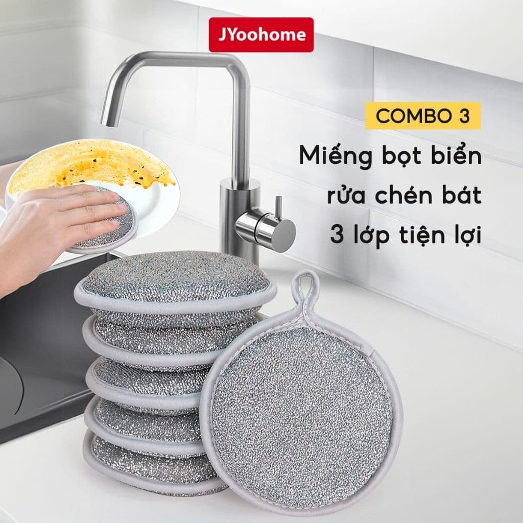 COMBO 3 Miếng Bọt Biển Rửa Chén Bát 3 Lớp JYoohome Giẻ Rửa Bát Đĩa Đũa Cọ Xoong Nồi Đa Năng Tạo Bọt