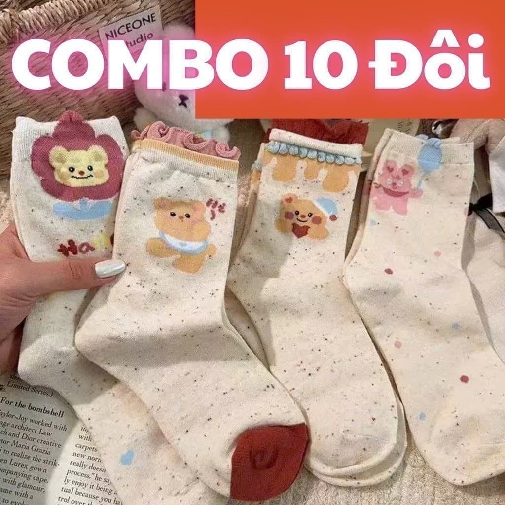 Combo 10 Đôi Tất Nữ Cổ Cao Gấu Xoăn Nhiều Hình, Vớ Cotton Cao Cấp Thoáng Khí Giay zep Store