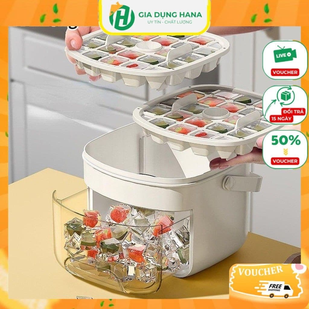 Hộp Làm Đá Viên Thông Minh 2in1, Khay Đá Tủ Lạnh Kèm Hộp Đựng Nắp Nhấn Lấy Đá Tự Động