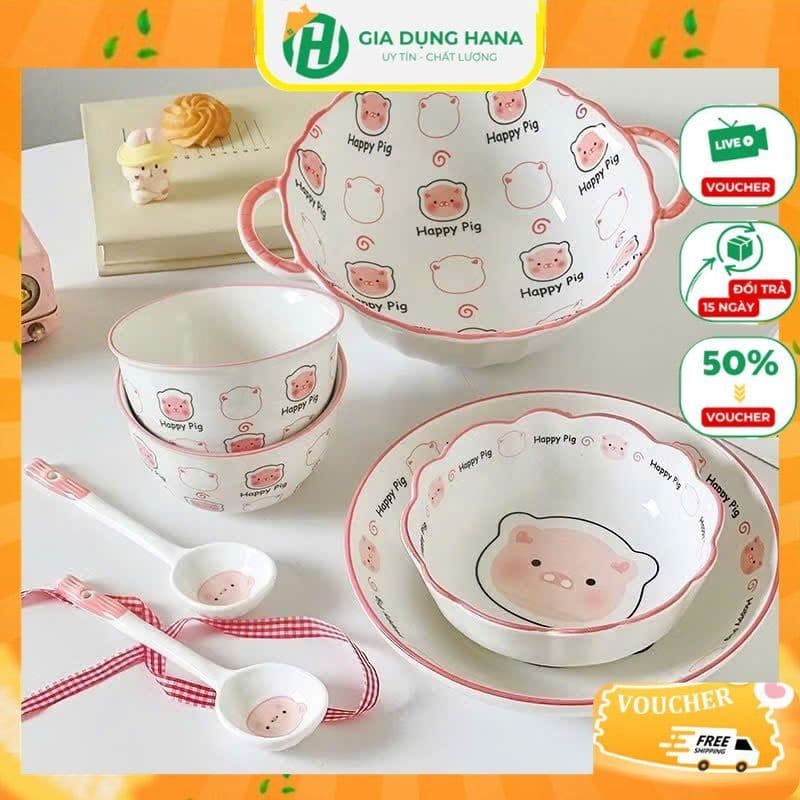 Bộ Bát Đĩa Gốm Sứ họa tiết Heo Hồng xinh xắn gồm 7 món- Set Quà Tặng ý nghĩa cho bé yêu