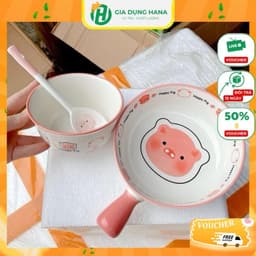 Set Bát Sứ 3 Món Hoạ Tiết Lợn Hồng Cute Chảo Béo Bát Ăn Cơm Và Thìa Happy Pig Dễ Thương 1