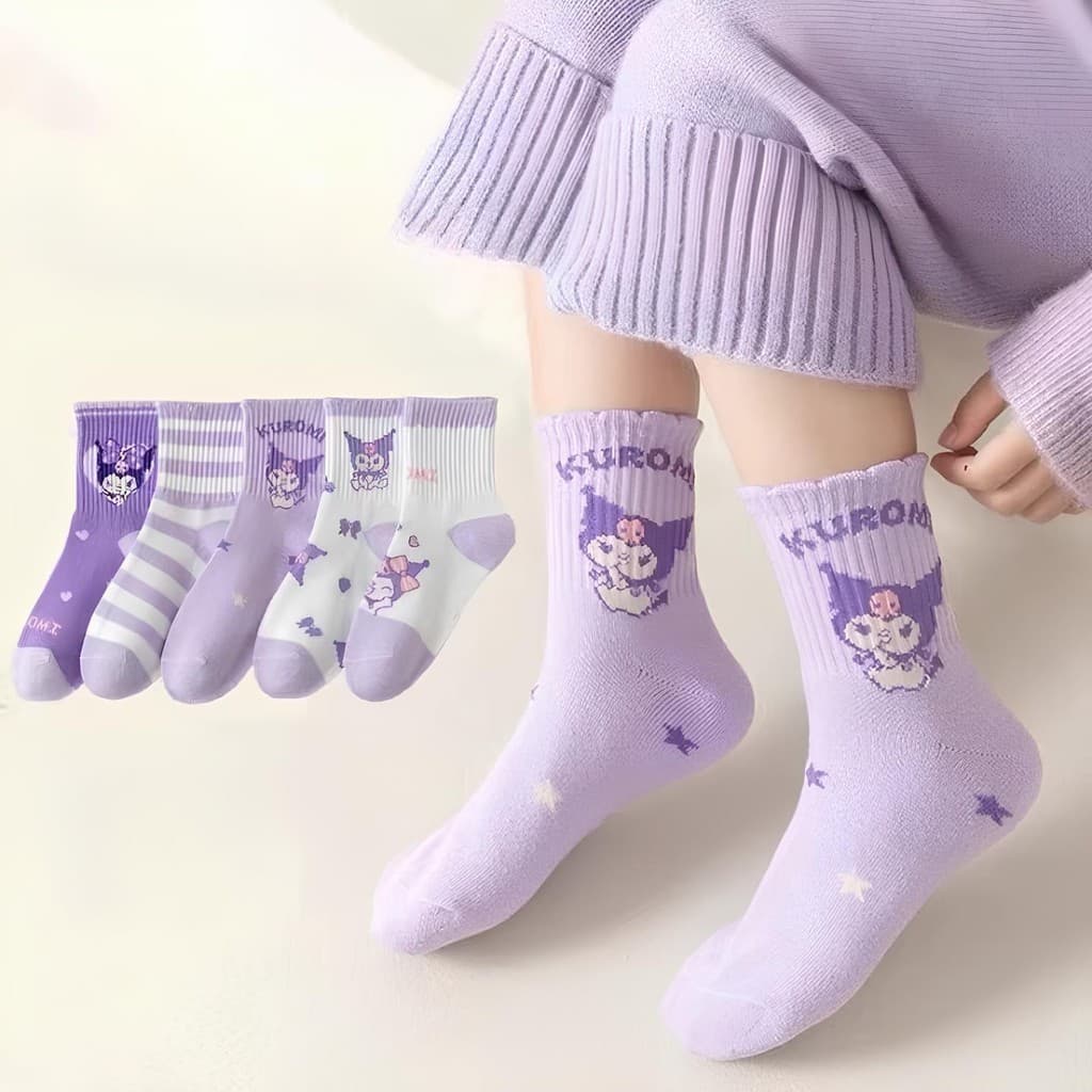 Sét 10 Đôi Tất Vớ Hoạt Hình Kuromi -Tất Cotton Tím Cổ Cao -Tất Dễ Thương Dài Bé Gái Cute