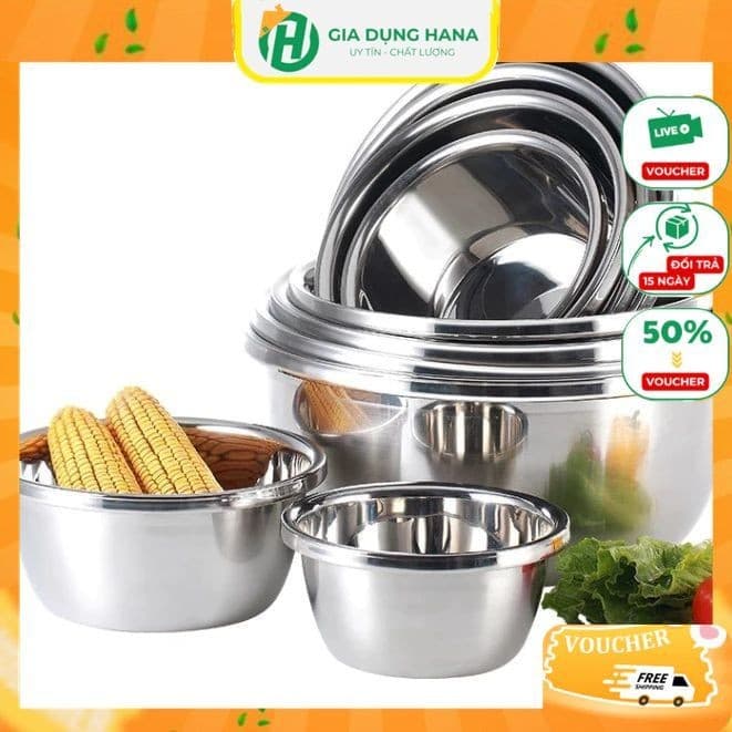 Thau Inox Đủ Size Loại Dày Bóng Đẹp Rửa Rau Củ,Trộn Salad,Ướp Thịt Tiện Lợi Đủ Size