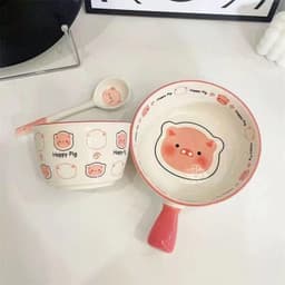 Set Bát Sứ 3 Món Hoạ Tiết Lợn Hồng Cute Chảo Béo Bát Ăn Cơm Và Thìa Happy Pig Dễ Thương 4